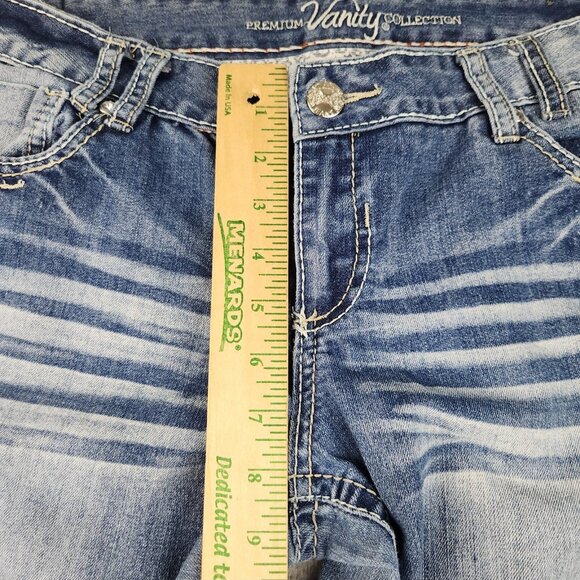 Y2K Vanity Jeans Womens 31x33 Blue Flared Low Rise Whiskered Fleur De Lis Pocket - Picture 5 of 12